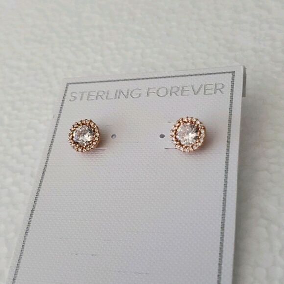 Sterling Forever Rose Gold CZ Halo Stud Earrings - Picture 5 of 6